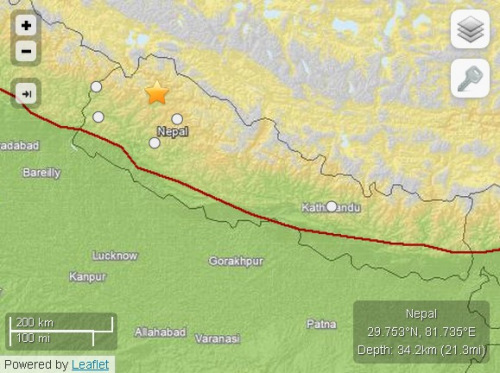 尼泊爾發(fā)生5.0級地震震源深度34.2公里