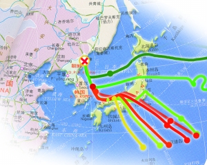 朝鮮核試驗放射性物質軌跡示意圖,。