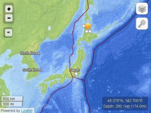 日本北海道海域發(fā)生5級(jí)地震震源深度280公里