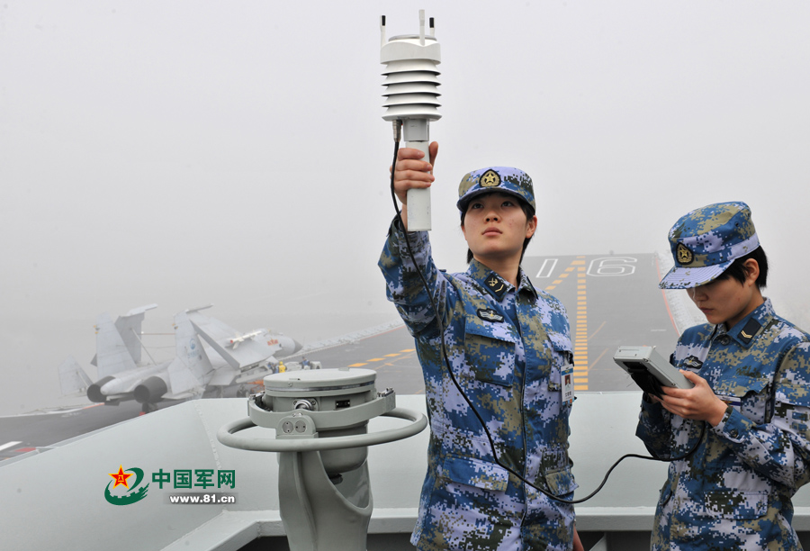 飛行前氣象值班女艦員進(jìn)行風(fēng)力參數(shù)測(cè)定,。本網(wǎng)通訊員 王松岐 攝